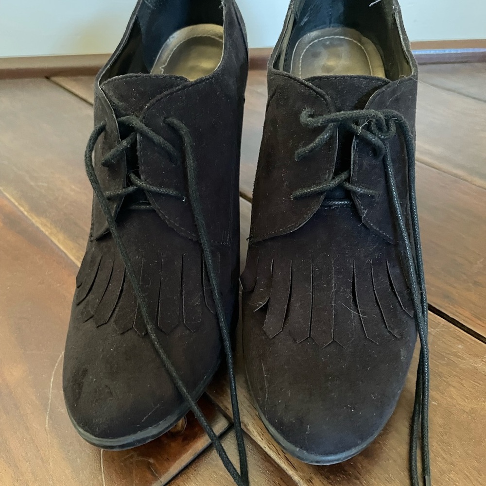 Black suede-like lace up booties!  Worn 3 times.